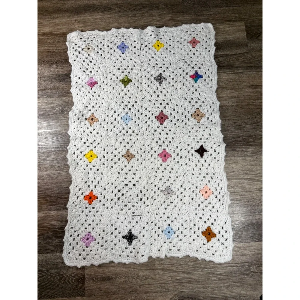 Vintage Handmade Crochet Granny Square Baby Blanket White Multi Color Boho 37x23